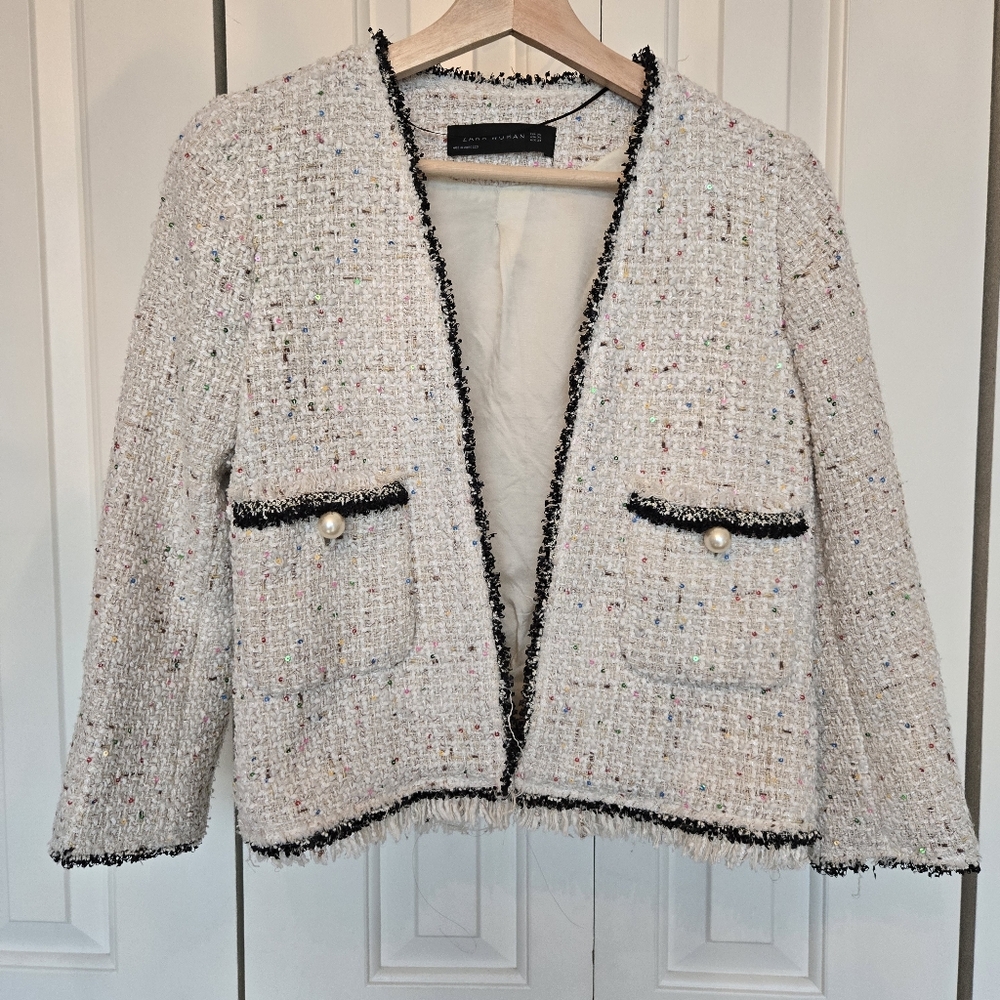 Zara Cream Tweed Blazer with Black Trim